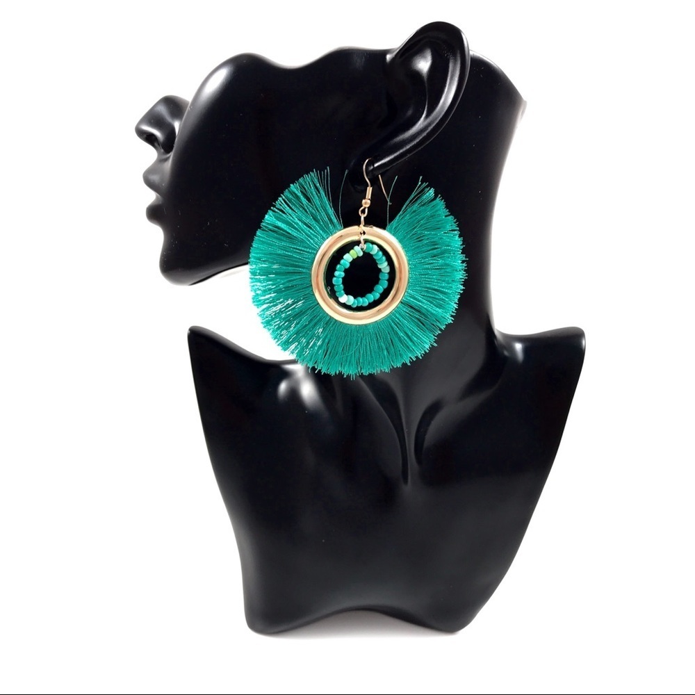 Large gold hoop turquoise circle tassel earrings